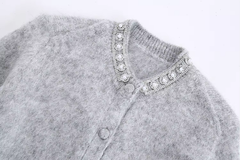 Wigo Gray Knitted Beaded Crew Neck Button Down Short Sleeves Top