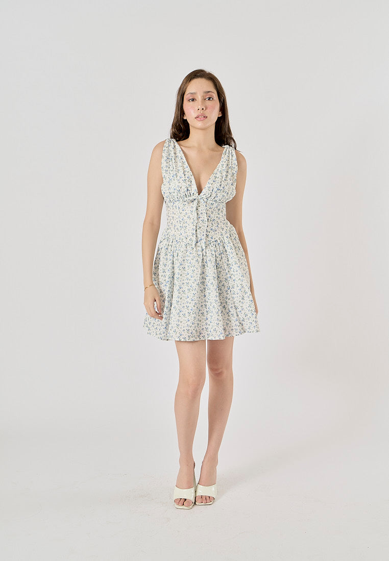 Yvain Powder Blue Floral Print V-Neck Mini Dress