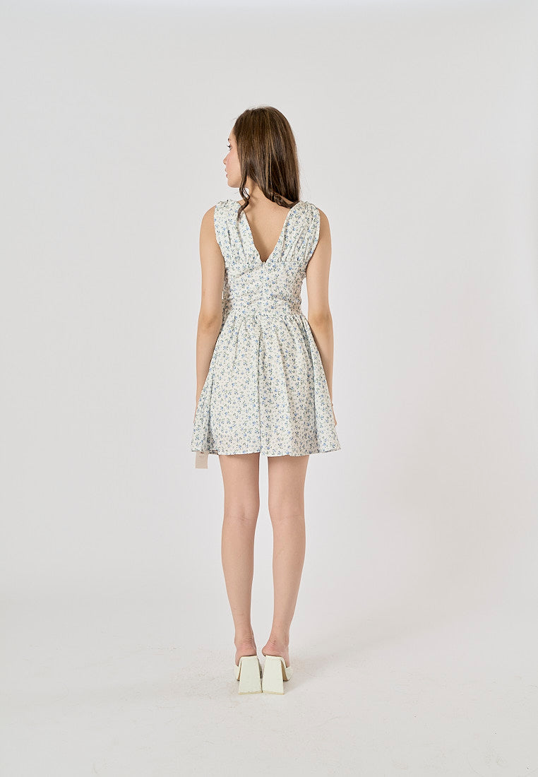 Yvain Powder Blue Floral Print V-Neck Mini Dress