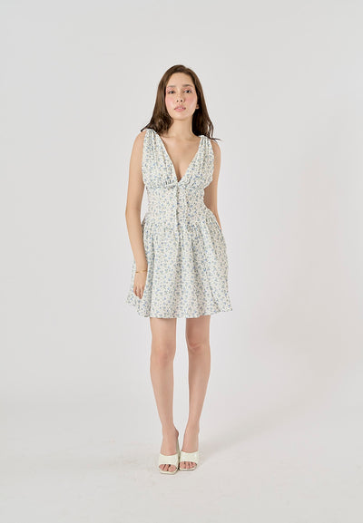 Yvain Powder Blue Floral Print V-Neck Mini Dress