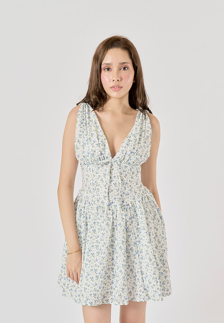 Yvain Powder Blue Floral Print V-Neck Mini Dress