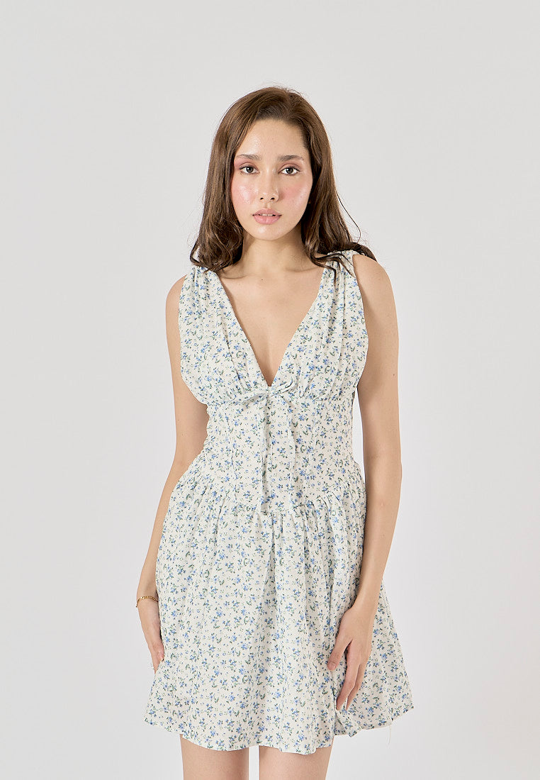 Yvain Powder Blue Floral Print V-Neck Mini Dress