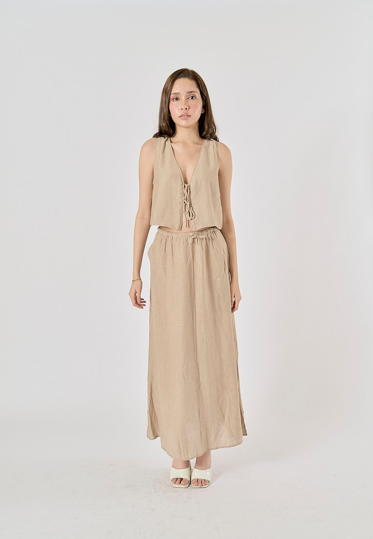 Vetiver Beige Drawstring Waist Midi Skirt