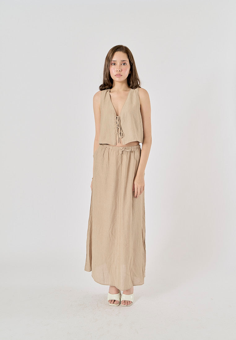 Vetiver Beige Drawstring Waist Midi Skirt