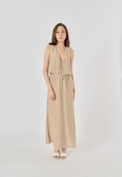 Vetiver Beige Drawstring Waist Midi Skirt