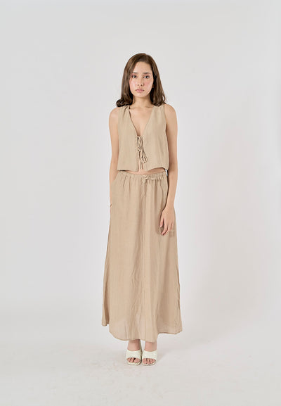 Vetiver Beige Drawstring Waist Midi Skirt