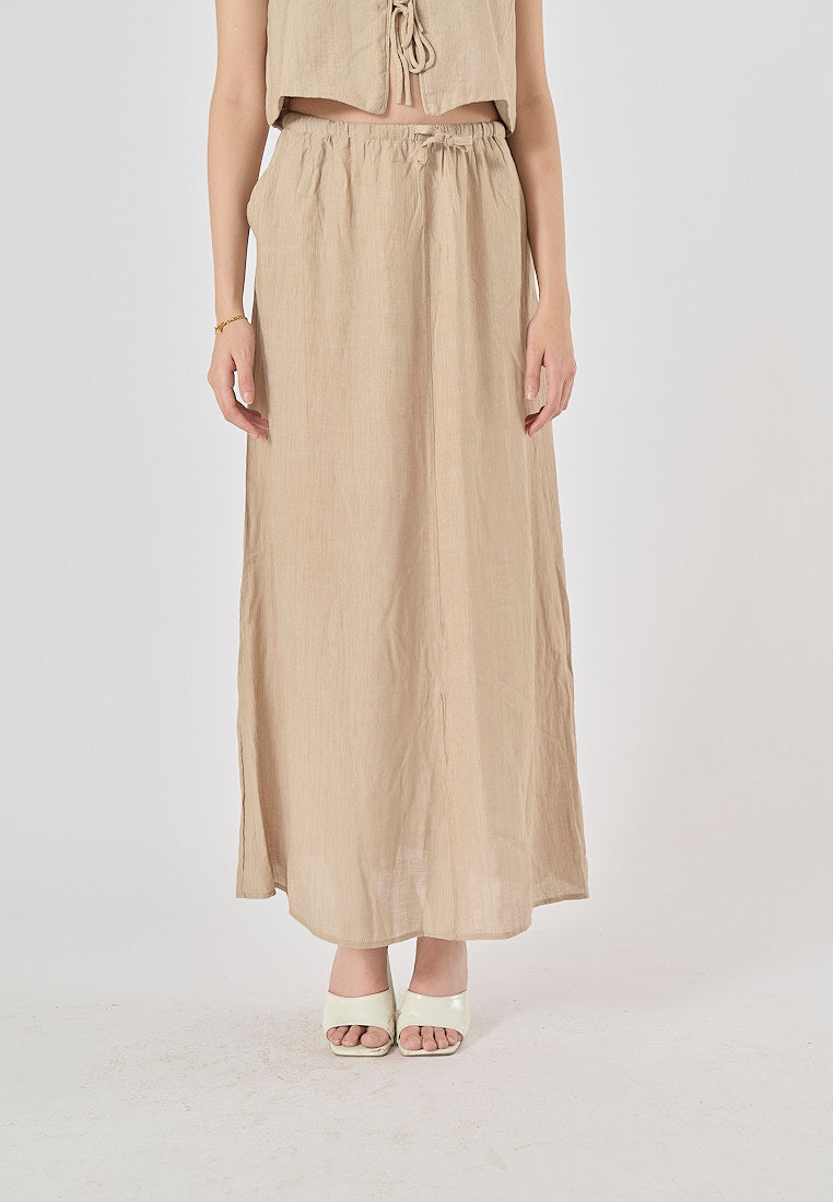 Vetiver Beige Drawstring Waist Midi Skirt