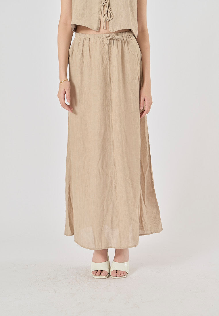 Vetiver Beige Drawstring Waist Midi Skirt