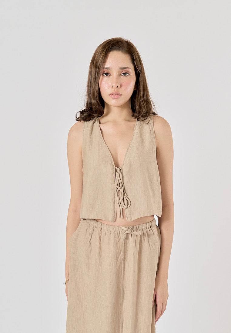 Valkyrie Beige Front Lace Up V-Neck Tank Top