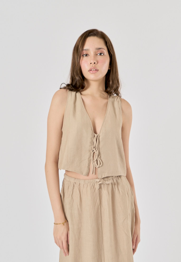 Valkyrie Beige Front Lace Up V-Neck Tank Top