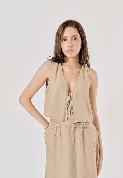 Valkyrie Beige Front Lace Up V-Neck Tank Top