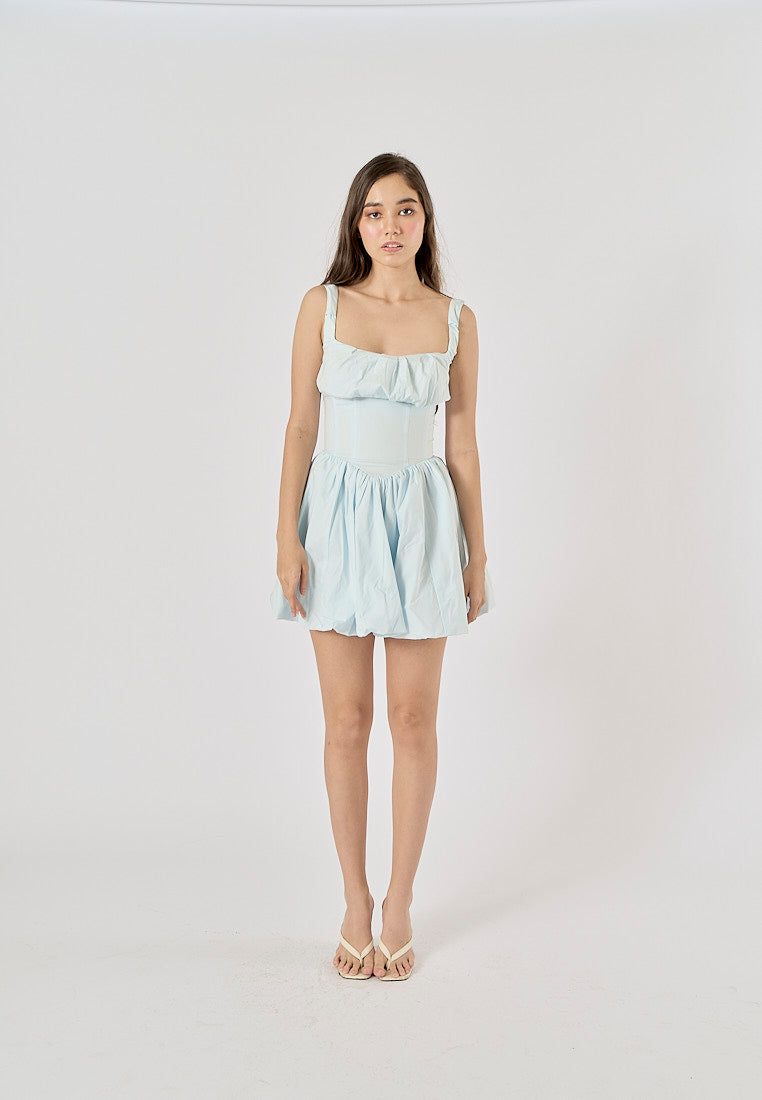 Reinica Pastel Blue Square Collar Pleated Mini Dress