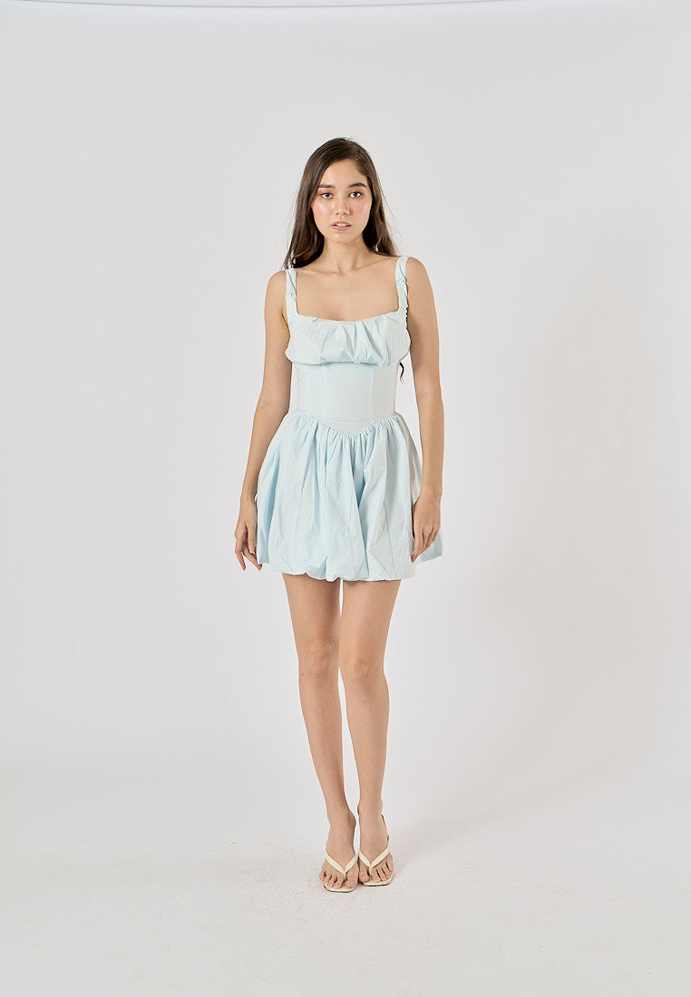 Reinica Pastel Blue Square Collar Pleated Mini Dress