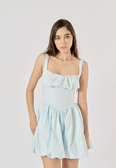 Reinica Pastel Blue Square Collar Pleated Mini Dress