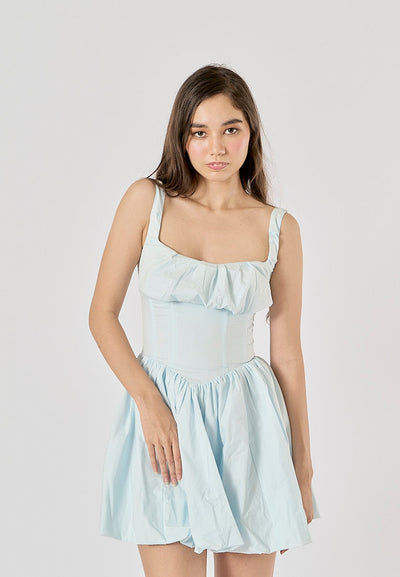 Reinica Pastel Blue Square Collar Pleated Mini Dress