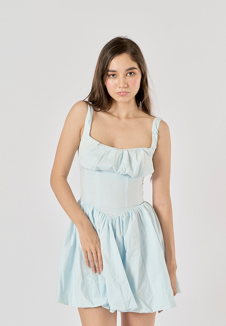 Reinica Pastel Blue Square Collar Pleated Mini Dress