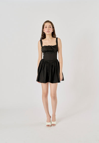 Reinica Black Square Collar Pleated Mini Dress