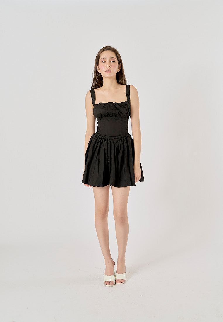 Reinica Black Square Collar Pleated Mini Dress