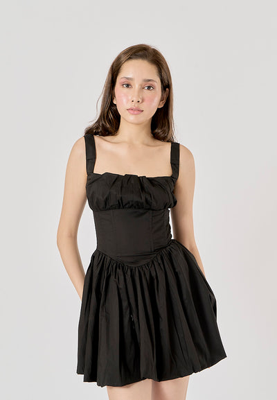 Reinica Black Square Collar Pleated Mini Dress