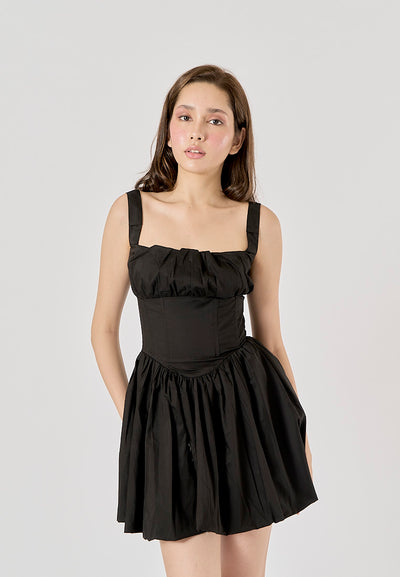 Reinica Black Square Collar Pleated Mini Dress