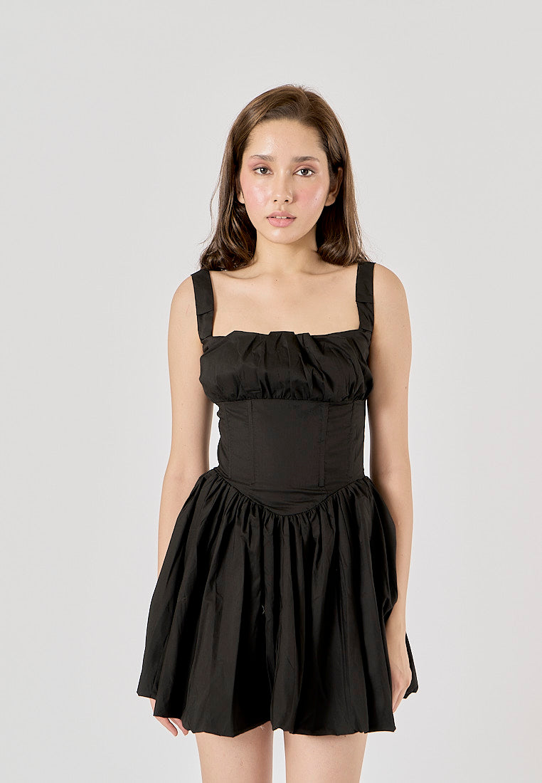 Reinica Black Square Collar Pleated Mini Dress