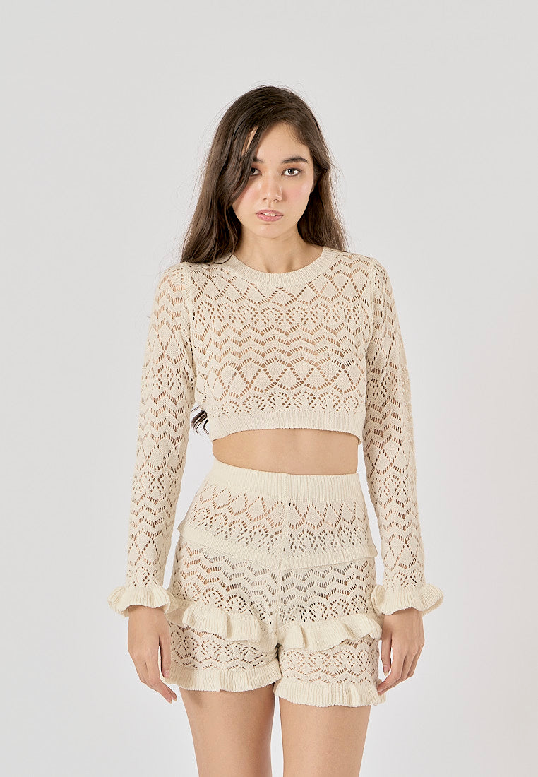 Corbin Beige Embroidery Ruffle Shorts