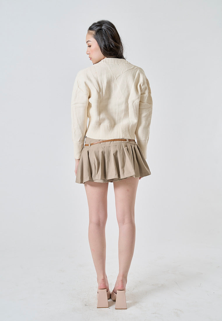 Miyu Beige Knitted V Neck Single Breasted Long Sleeves Cardigan