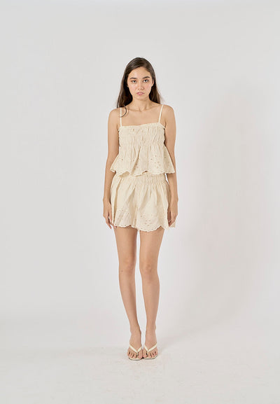 Gemini Beige Embroidered Elastic Waist Pleated Mini Skirt