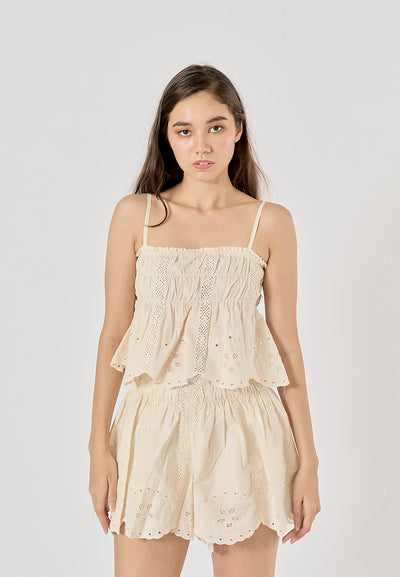 Gemini Beige Embroidered Elastic Waist Pleated Mini Skirt