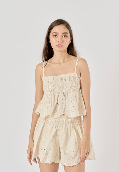 Gemini Beige Embroidered Elastic Waist Pleated Mini Skirt