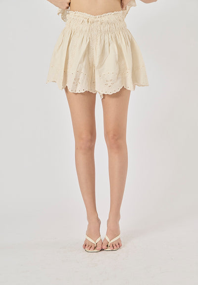 Gemini Beige Embroidered Elastic Waist Pleated Mini Skirt