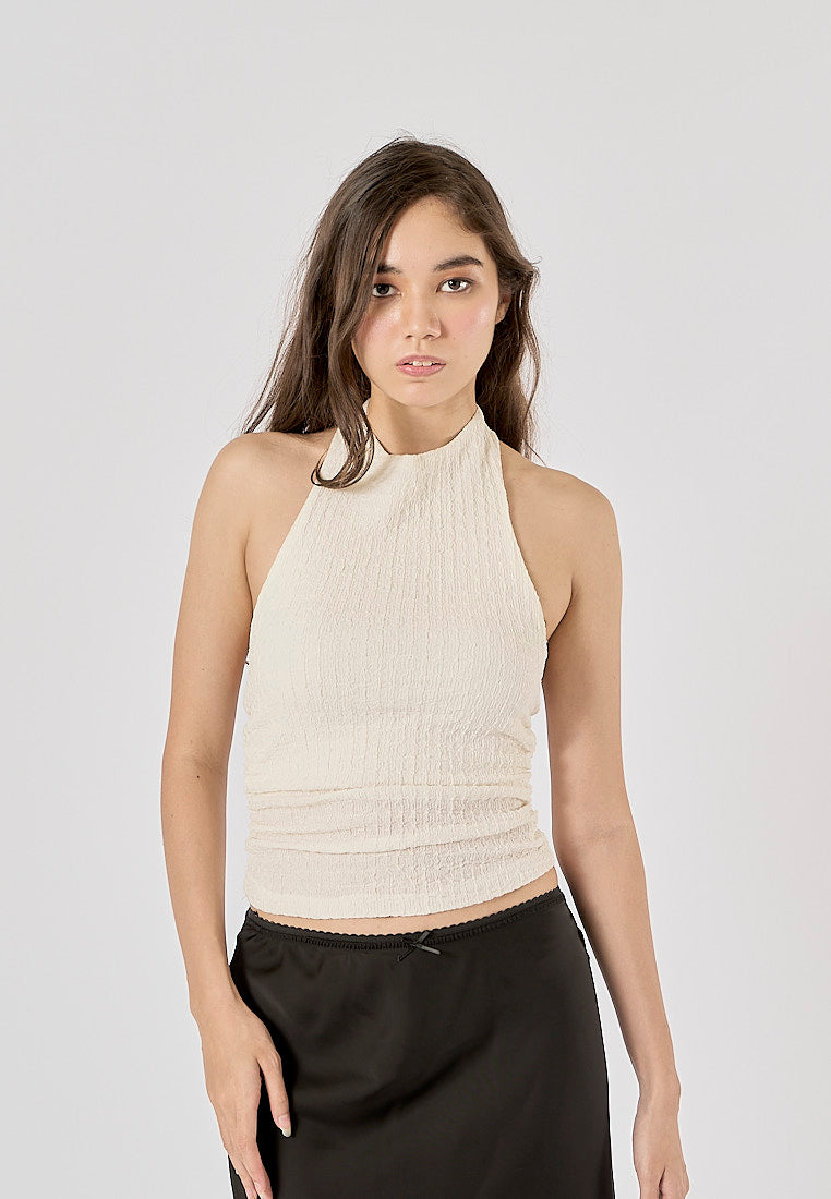 Saskia White Textured Gathered Open Back Halter Neck Tank Top