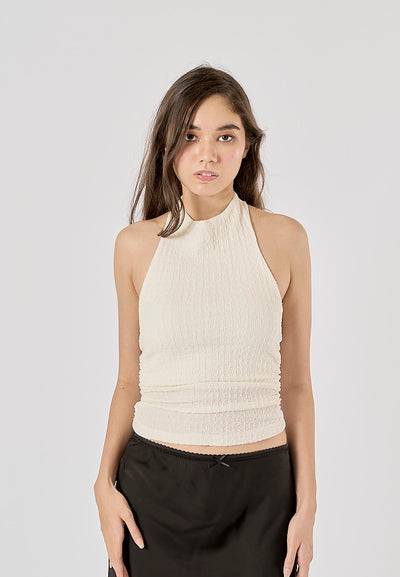 Saskia White Textured Gathered Open Back Halter Neck Tank Top