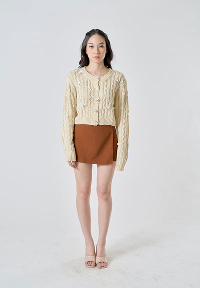 Calendula Beige Knitted Beaded Crew Neck Long Sleeves Button Down Crop Cardigan