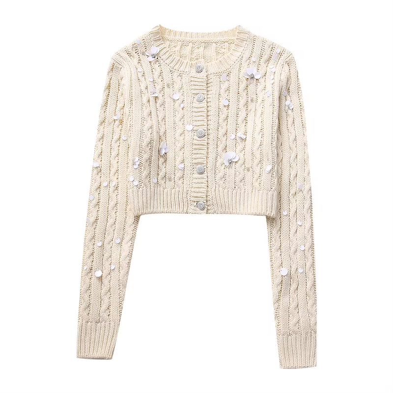 Calendula Beige Knitted Beaded Crew Neck Long Sleeves Button Down Crop Cardigan