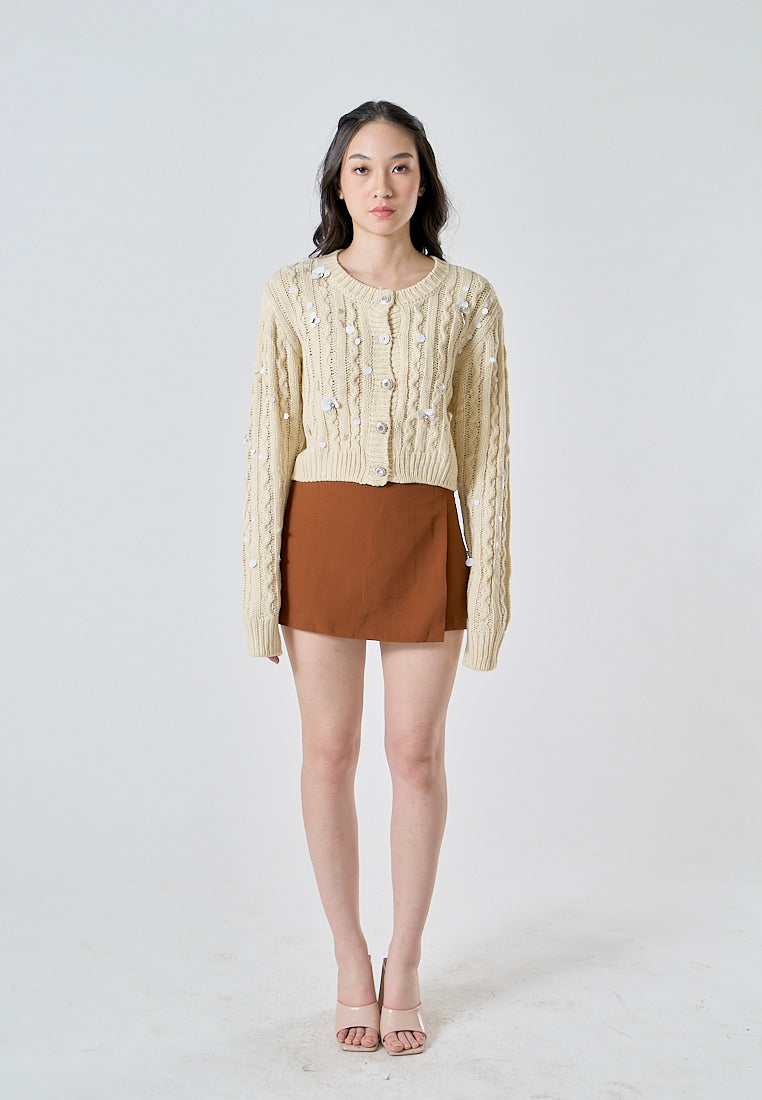 Calendula Beige Knitted Beaded Crew Neck Long Sleeves Button Down Crop Cardigan