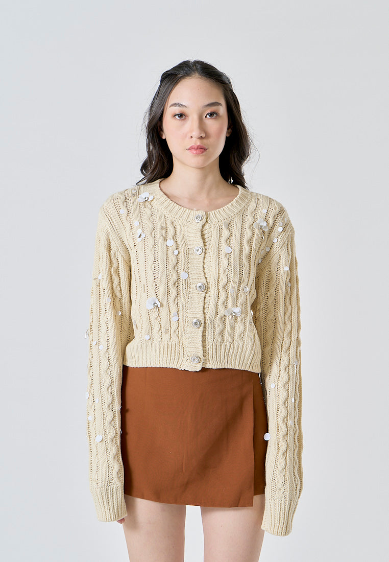 Calendula Beige Knitted Beaded Crew Neck Long Sleeves Button Down Crop Cardigan