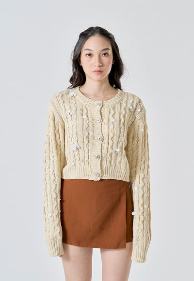 Calendula Beige Knitted Beaded Crew Neck Long Sleeves Button Down Crop Cardigan