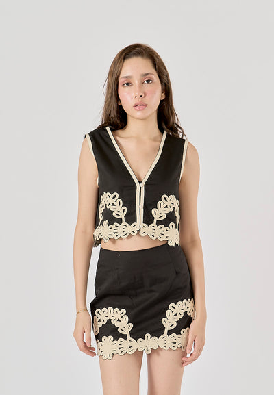 Tyla Black Embroidery Detail Zipper Fly Mini Skirt