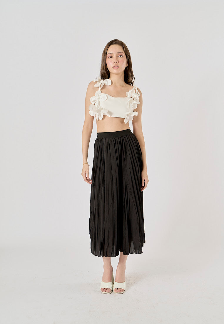 Sylvia Black Pleated Elastic Waist A-Line Midi Skirt