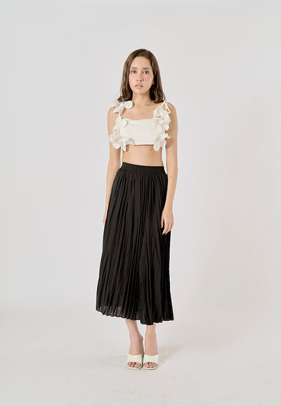 Sylvia Black Pleated Elastic Waist A-Line Midi Skirt