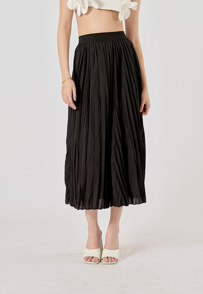 Sylvia Black Pleated Elastic Waist A-Line Midi Skirt