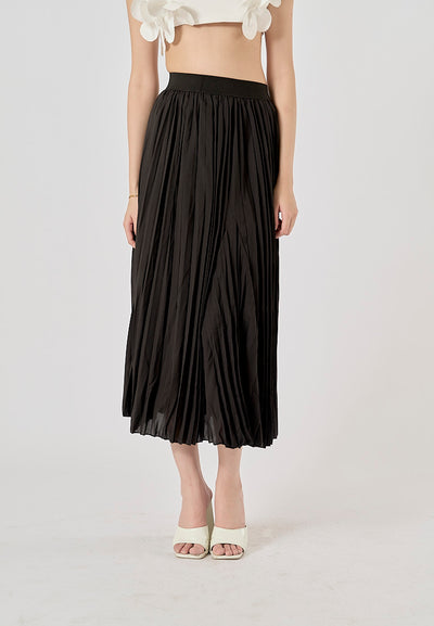 Sylvia Black Pleated Elastic Waist A-Line Midi Skirt