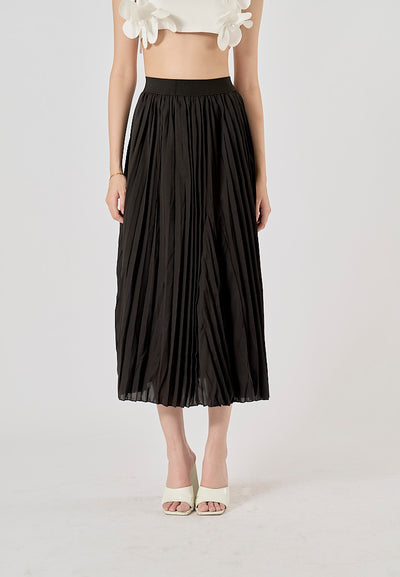 Sylvia Black Pleated Elastic Waist A-Line Midi Skirt