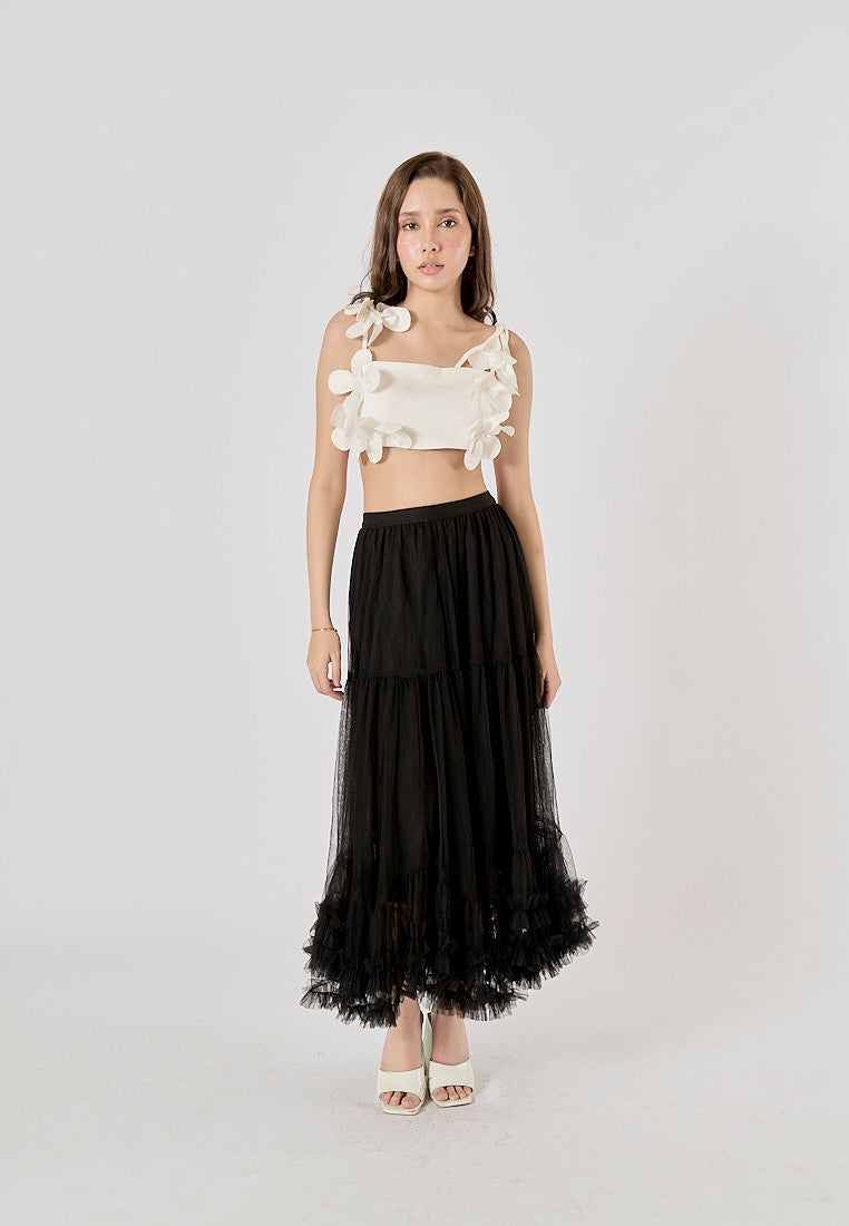 Ravenna Black Mesh High Waist Raffles Maxi Skirt