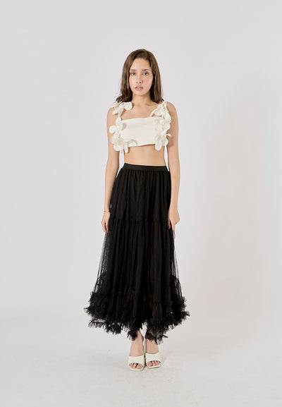 Ravenna Black Mesh High Waist Raffles Maxi Skirt