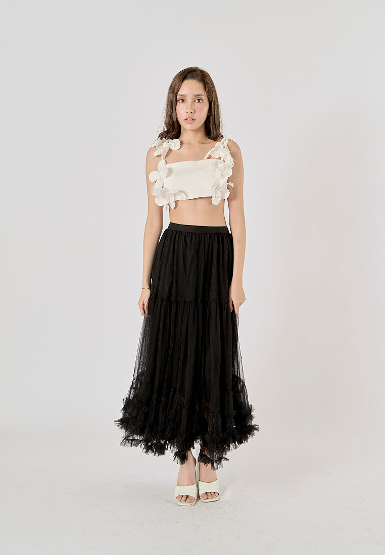 Ravenna Black Mesh High Waist Raffles Maxi Skirt