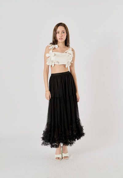 Ravenna Black Mesh High Waist Raffles Maxi Skirt