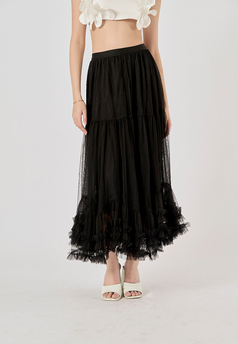 Ravenna Black Mesh High Waist Raffles Maxi Skirt