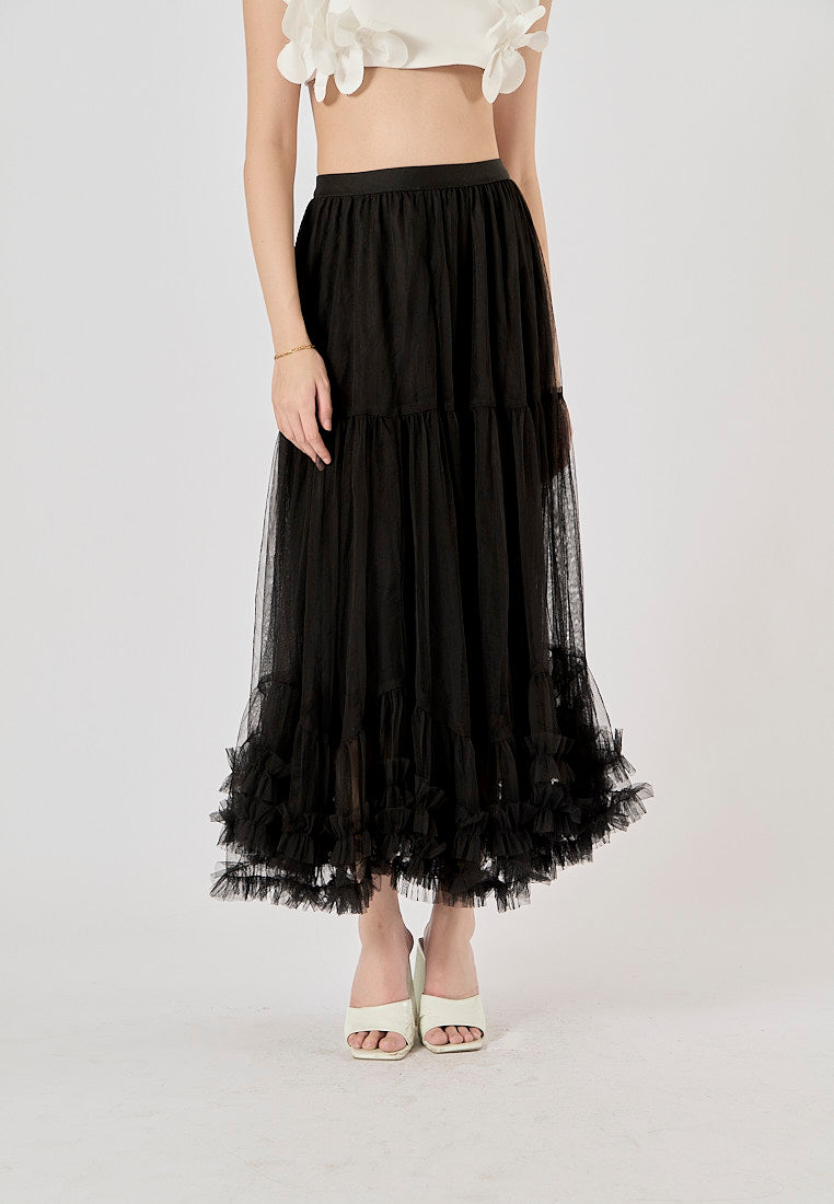 Ravenna Black Mesh High Waist Raffles Maxi Skirt